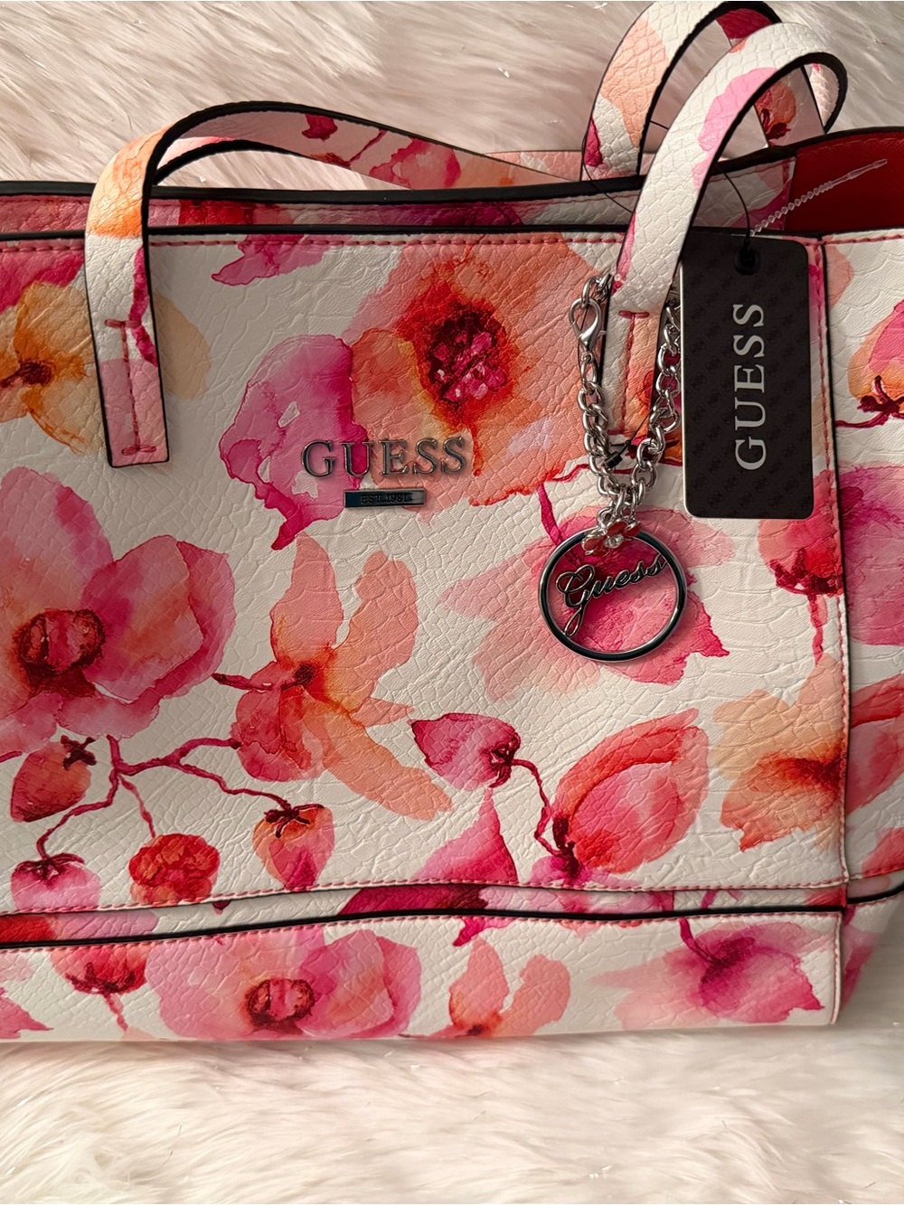 GUESS Floral Tote in Pink, Coral and Cream